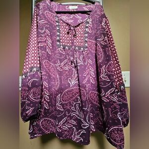 Women's 1X sequence & bead, flowy burgundy blouse